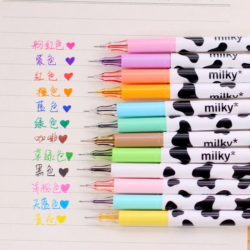 12color Cute Cartoon Milk Cow 0.38mm Fineliner Pens Marker Pen Gel Ink Pen Set Y 