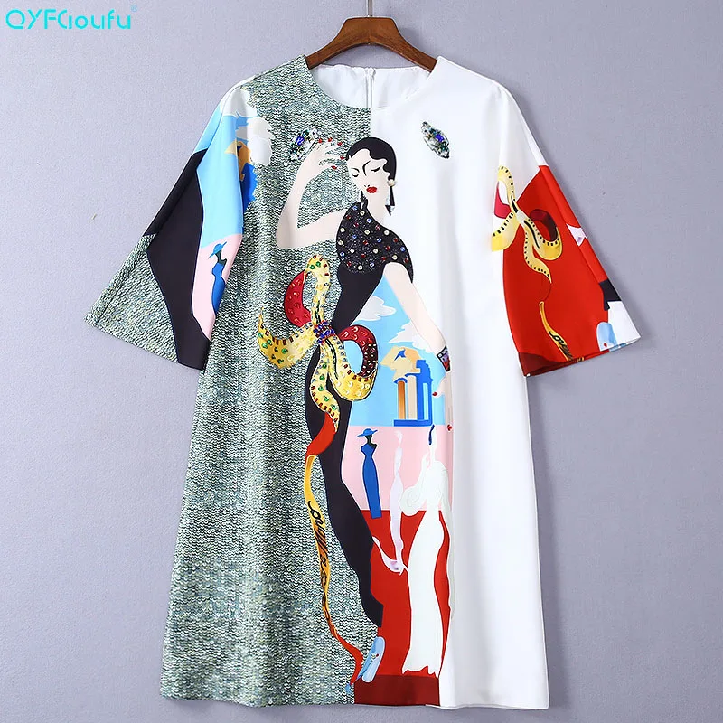 

QYFCIOUFU New Fashion 2019 Summer Loose Dress For Women Short Sleeve Cartoon Print Runway Dress Beading Sequin Short Dresses