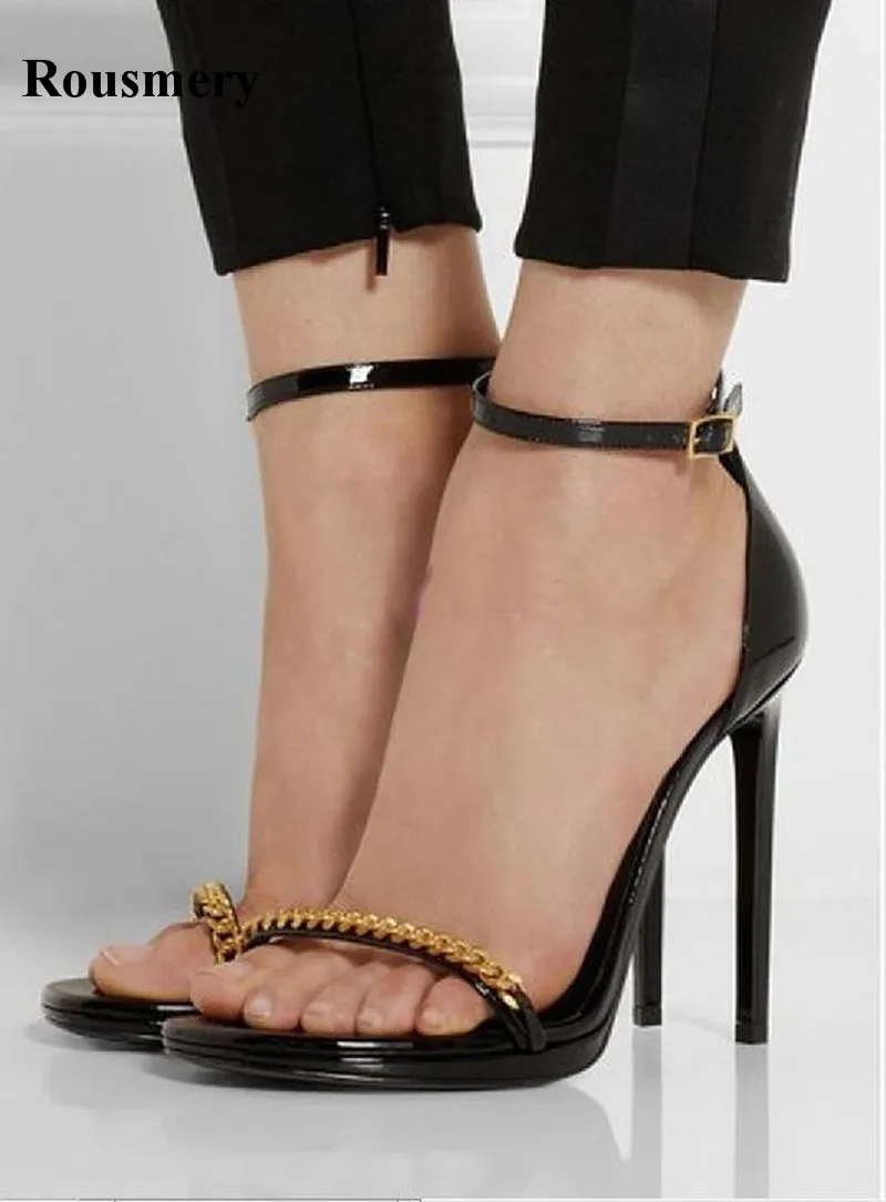 High Quality Women Fashion Gold Chain High Heel Sandals Black Ankle