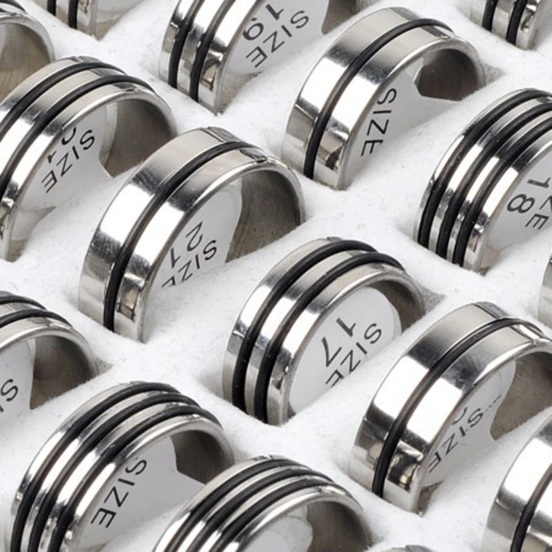 Hot Selling 24Pcs Mixed Stainless Steel Black Rubber Rings Wholesale Bulk Men Women Wedding Ring Jewelry Gifts 17-22mm | Украшения и
