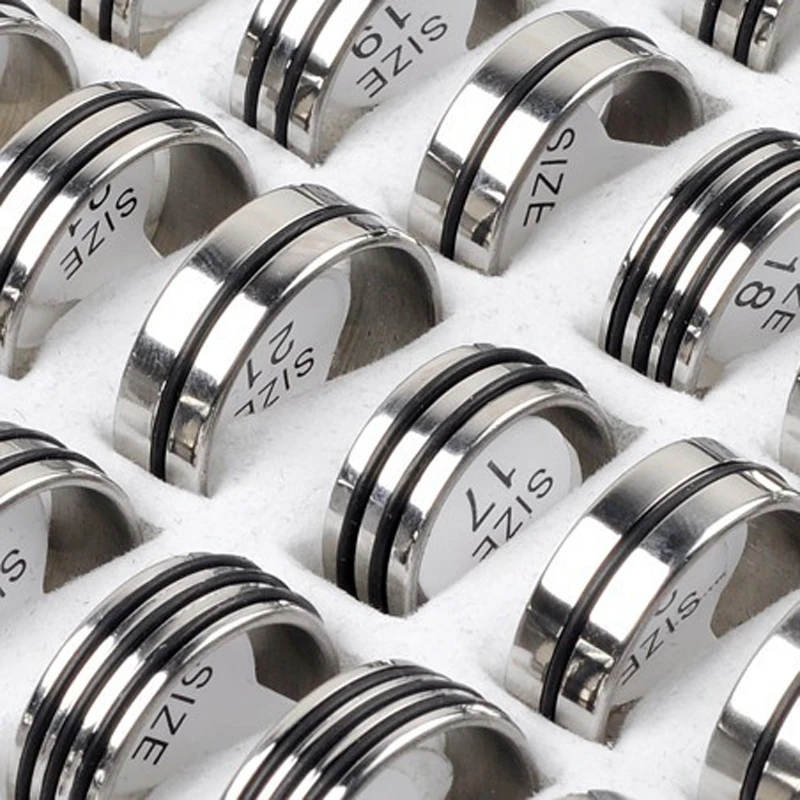 Hot Selling 24Pcs Mixed Stainless Steel Black Rubber Rings Wholesale