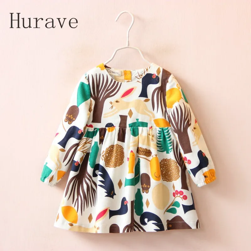 Hurave long Sleeve Girls Dress 2017 Cotton Pattern Baby Dress Rabbit Tree Dress Princess Kids Toddler