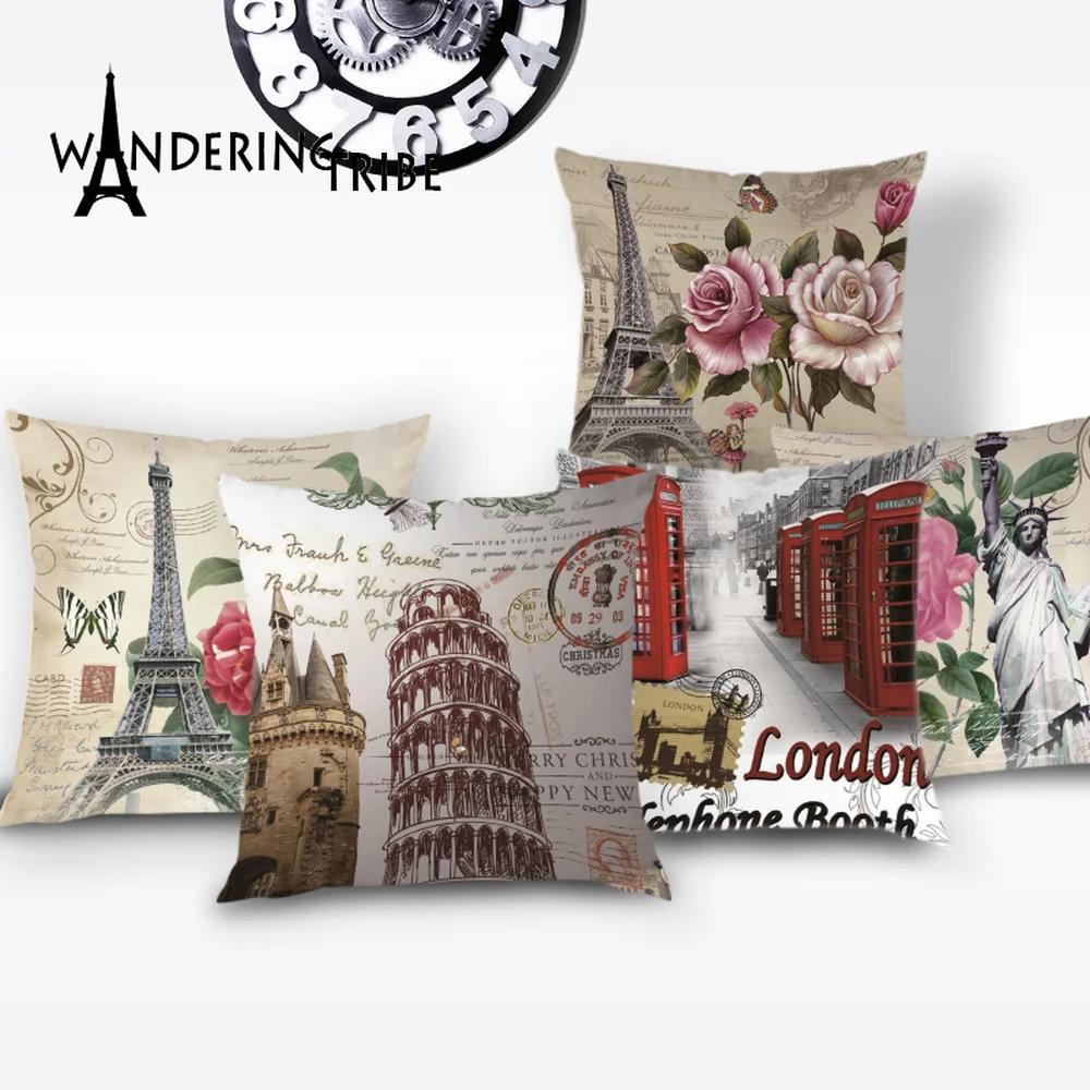 

Paris Tower Decorative Cushion Cover Vintage London Throw Pillow Case Romantic Flower Home Decor Pillows for Sofa Covers Cases