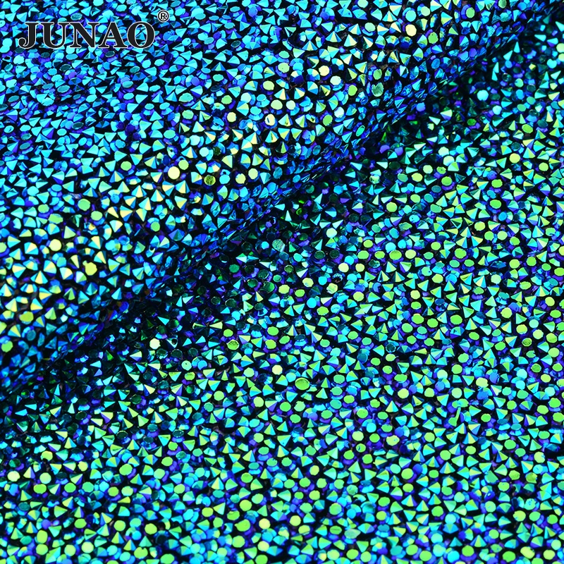 JUNAO 24*40cm Self Adhesive Glitter Black AB Rhinestone Mesh Fabric