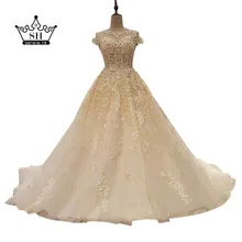 2017 Champagne Wedding Dress Sexy Cut Back Pearls Handmade Flowers Appliques Ball Gown Casamento Bridal Dress Vestido De Noiva