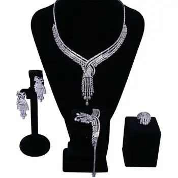 

Luxury Party Jewelry Sets rhodium plated with Cubic zircon 4pcs sets ( necklace + bracelet + earrings + ring) free shipment