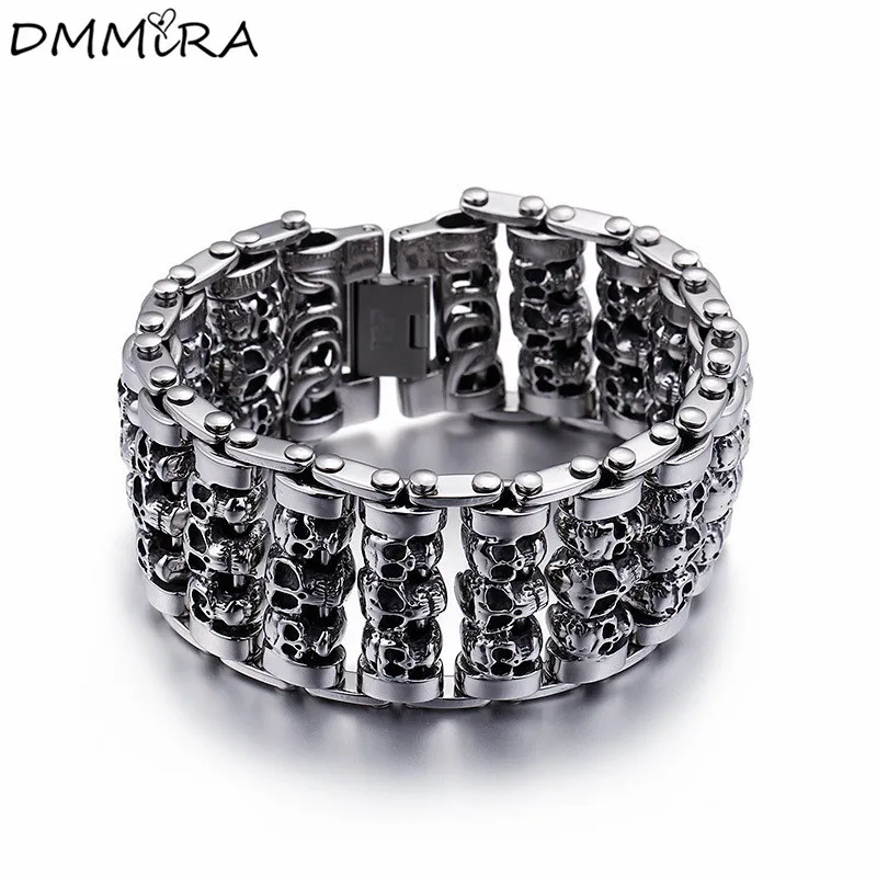 

Fashion Punk Cool Men's Skeleton Watch Strap Bracelet Retro Silver Black Stainless Steel Wide Retro Skull Bracelets Jewelry