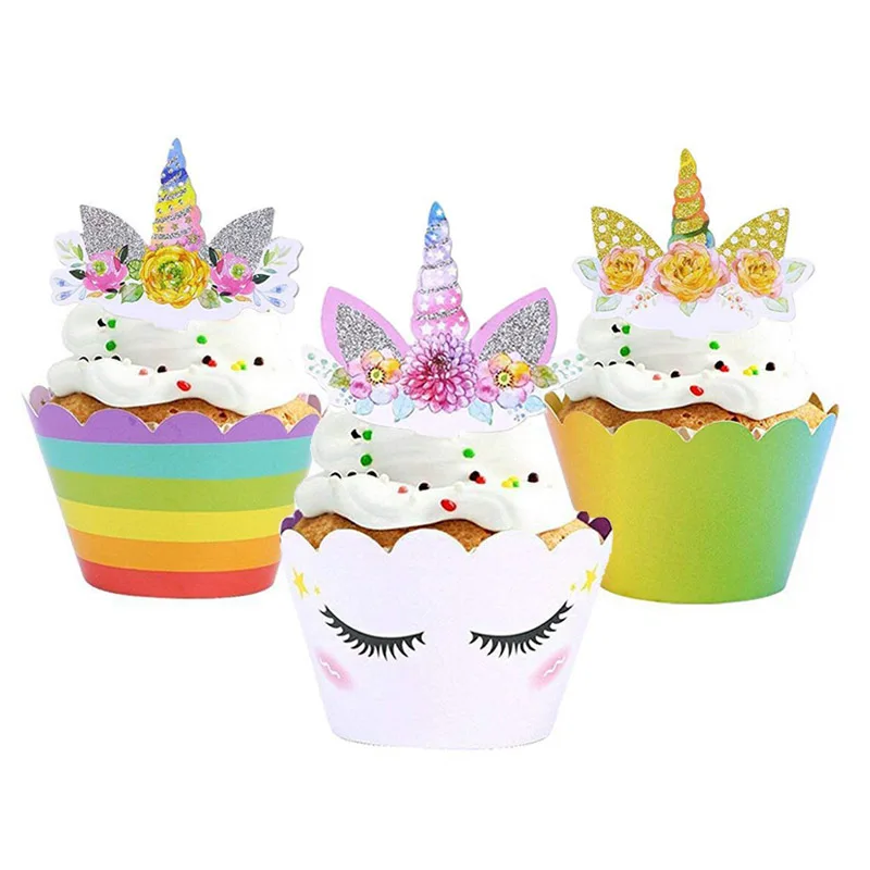 

24Pcs/lot Unicorn Rainbow Cake Toppers Cupcake Wrappers Birthday Party Cake Decoration Baby Shower Unicorn Party Supplies
