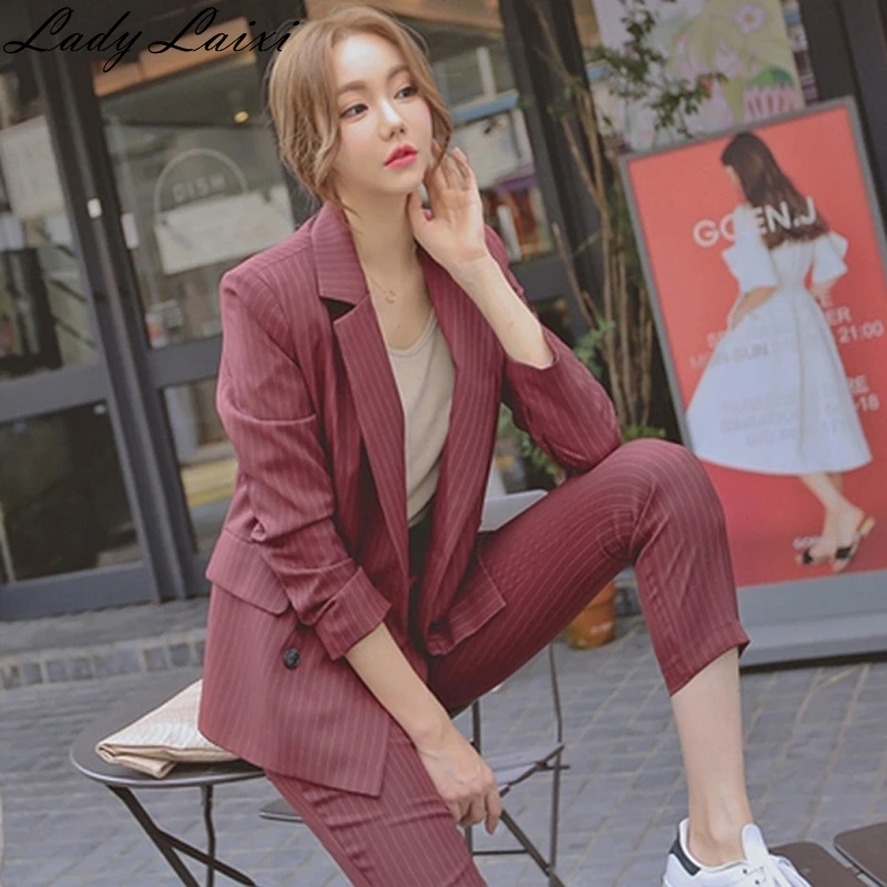 

2019 New Women Classic Striped Pant Suits Formal Double Breasted Jacket + Pencil Pant Business Workwear Female 2 Two Pieces Set