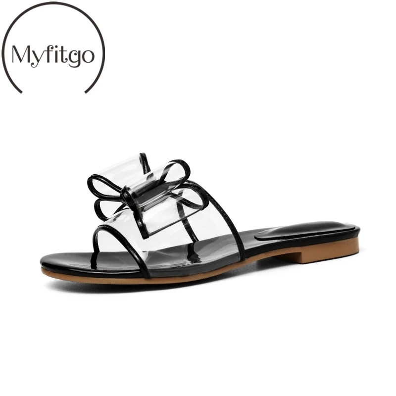 

Myfitgo Summer Clear PVC Women Slippers Bowknot Flat Slides on Sandals Fashion Designer Transparent Female Beach Jelly Shoes New