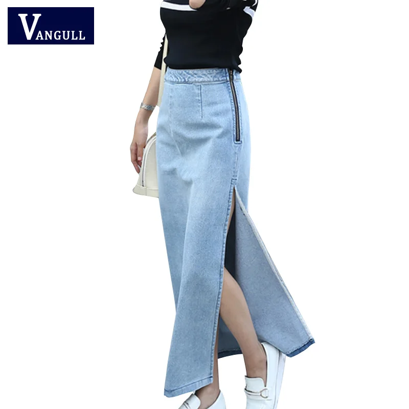 

Vangull Long Denim Skirt Women Casual Jeans Midi Skirt 2019 New Summer High Waist Mid-Calf Autumn Ladies Elegant Split Hem Skirt