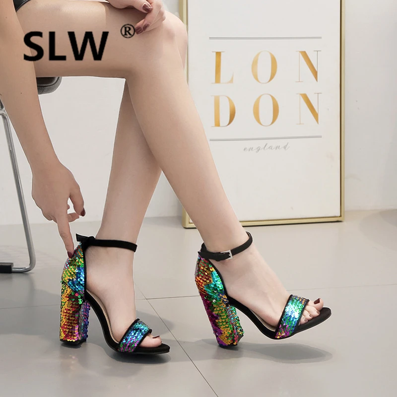 

Block Heels High Heeled Sandals Woman 2019 Sale Of Women's Shoes Round Toe Espadrilles Platform Chunky For Lady Multicolored