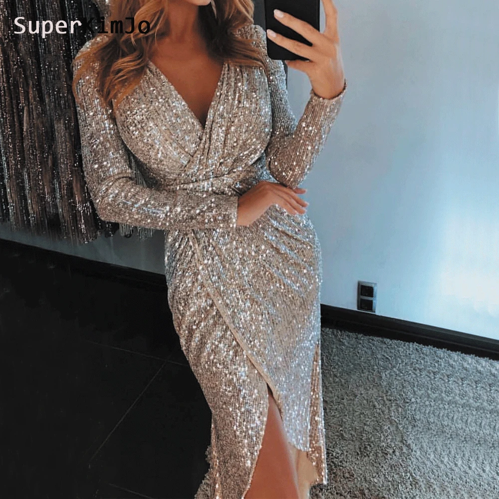 Вечерние платья SuperKimJo вечерние с длинным рукавом и глубоким V-образным вырезом 2019