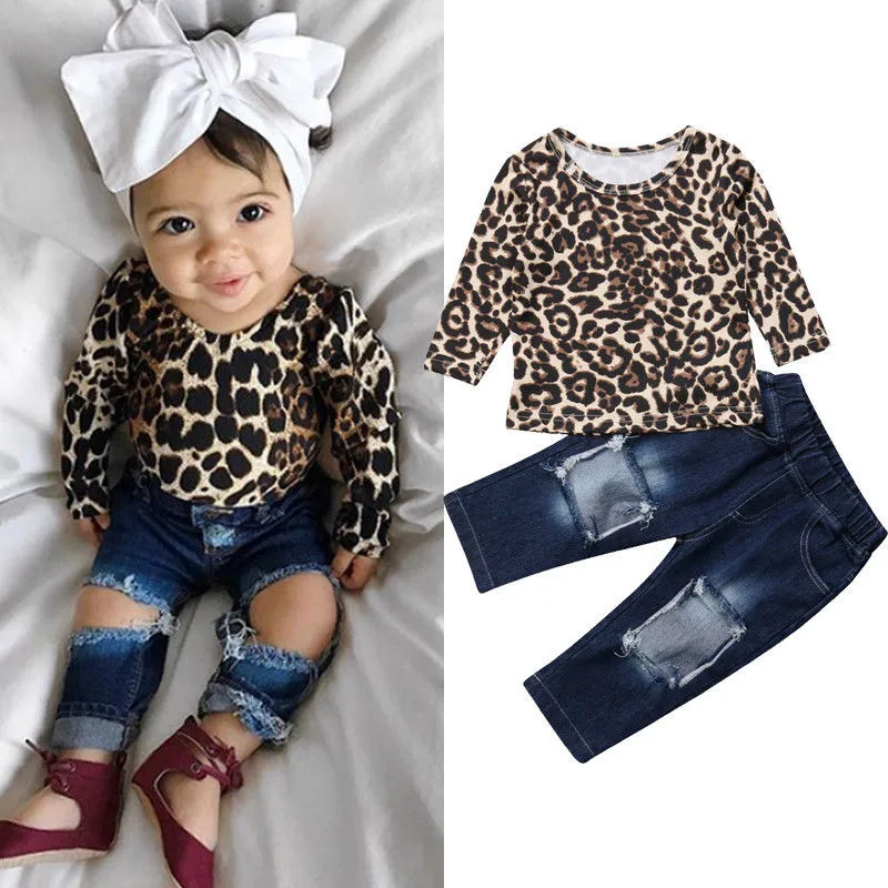 Одежда для маленьких девочек пуловер с длинными рукавами и леопардовым принтом и круглым вырезом Топы с карманами и дырками осенняя одежда из 2 предметов для детей