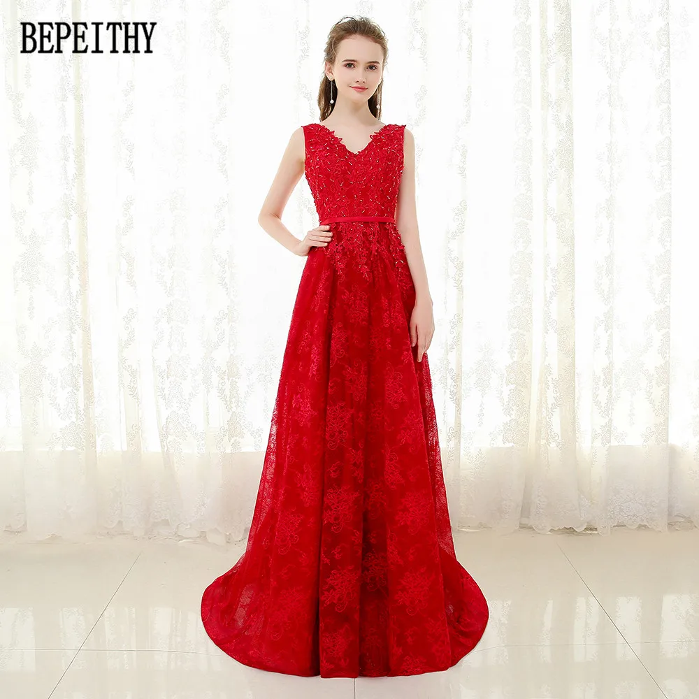 21   BEPEITHY New Arrival Vestido De Festa Robe De Soiree V-Neck Red Lace Appliques Party Elegant A-Line Long Evening Dresses 2017 (2)