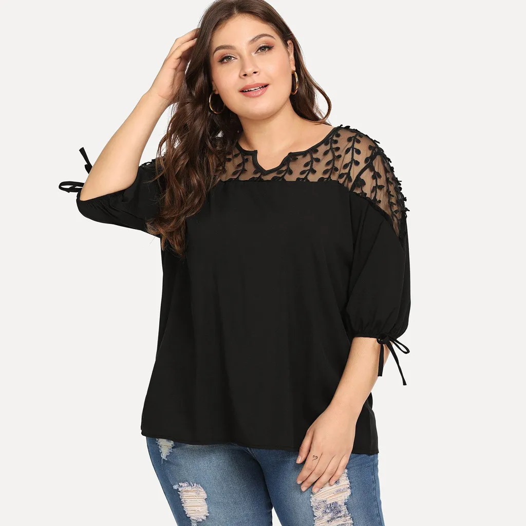 Plus Size Summer Fashion Casual Chiffon Tops Bow Blouse Mesh Tee Top Female Women's Half Sleeve Shirt  