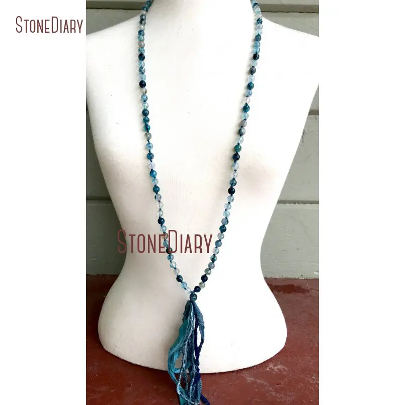 20180313-NM11090-Blue Rutilated Quartz Mala Beads, Rare Natural Gemstone, Silk Sari Tassel, Pave Diamond, Throat Chakra Tassel Necklace, December Birthstone_4