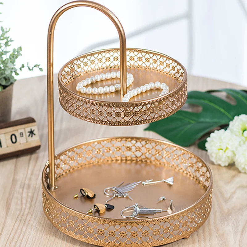 Gold Handmade Iron Cosmetic Storage Rack Round Tray Desktop Key Watch Shelf Makeup Jewelry Organizer Sundries Container