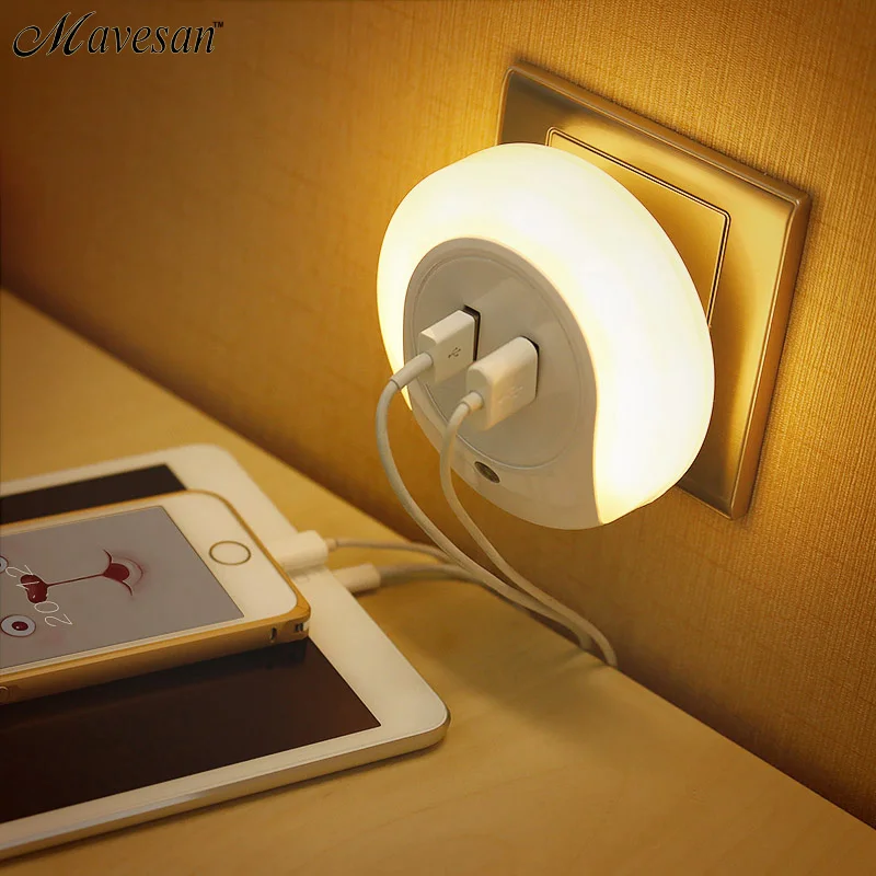 

Novelty LED Night Light with 2 USB Port for Mobile Phone Charger Light Sensor Atmosphere Lamp For Bedroom Warm White