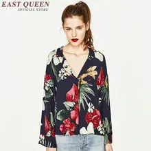 women blouses summer 2017 fashion v-neck hawaii shirt tropical plant printed boho chic blouse long sleeve women tops NN0741 YQ