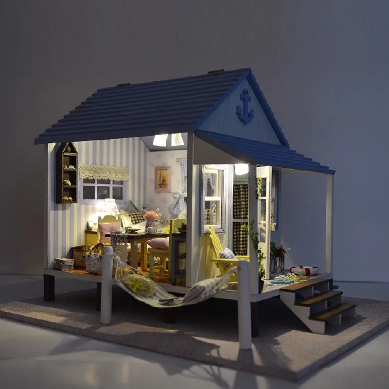  TOP Brand DIY 3D Wooden Doll house miniature with LED+Furniture Beach Villa Tanabata Valentine's Day Room for children Lover  (1)