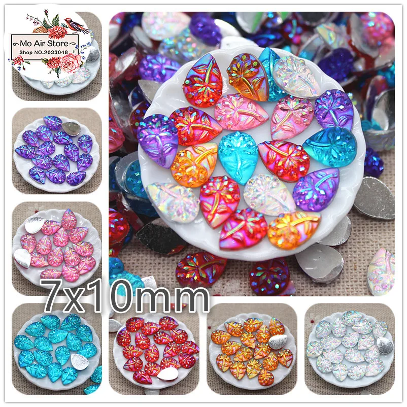 

100pcs 7x10mm heart shiny AB color flower Acrylic rhinestone Flat back Cabochon Art Supply Decoration Charm Craft DIY no hole