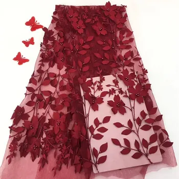 

Peach Color 3D leaves Embroidered Mesh Tulle Lace Fabric New Design Evening Dresses Net Fabrics French With Beads 5Yards red