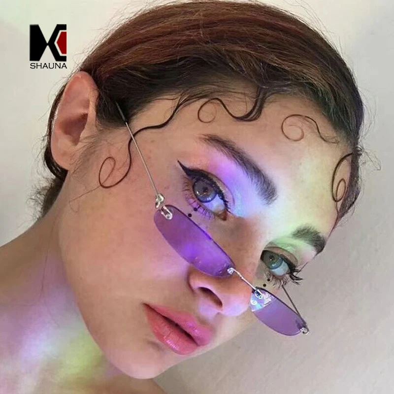 

SHAUNA Drop Shipping 2018 Ins Women Small Rectangle Rimless Sunglasses Fashion Pin Bridge Men Clear Purple Red Green Glasses