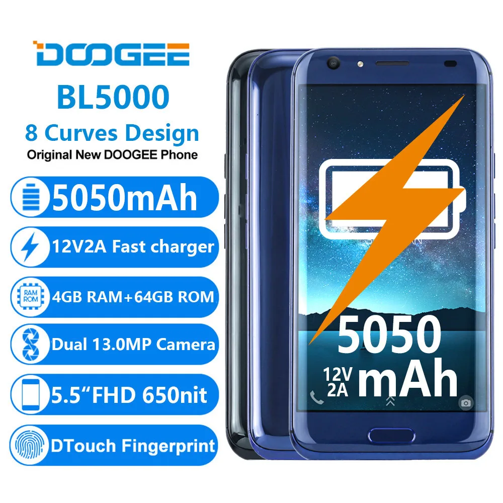 

Doogee BL5000 Smartphone MTK6750T Octa Core 4GB+64GB Android 7.0 Touch ID 13MP Dual Rear Cameras 12V2A QuickCharge 4G Lte Phone