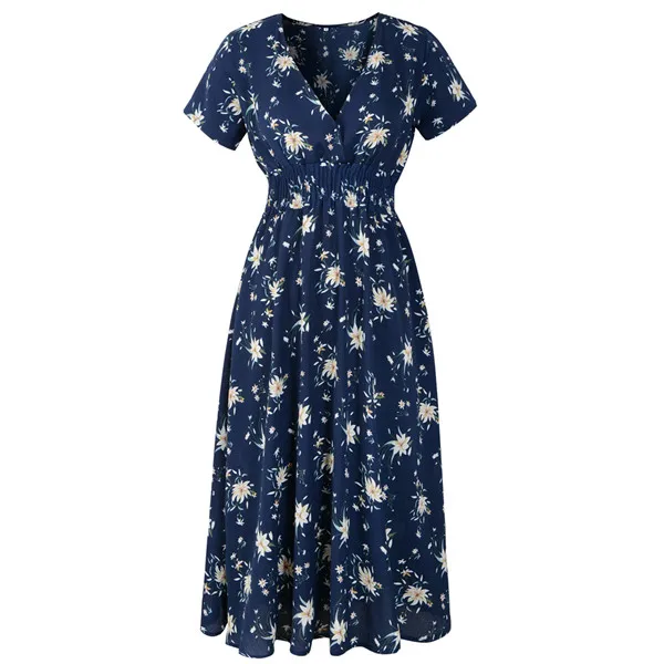 Элегантное женское летнее платье с v-образным вырезом, высокая талия, цветочный принт, женское длинное платье, свободное повседневное женское летнее платье с запахом - Цвет: Синий
