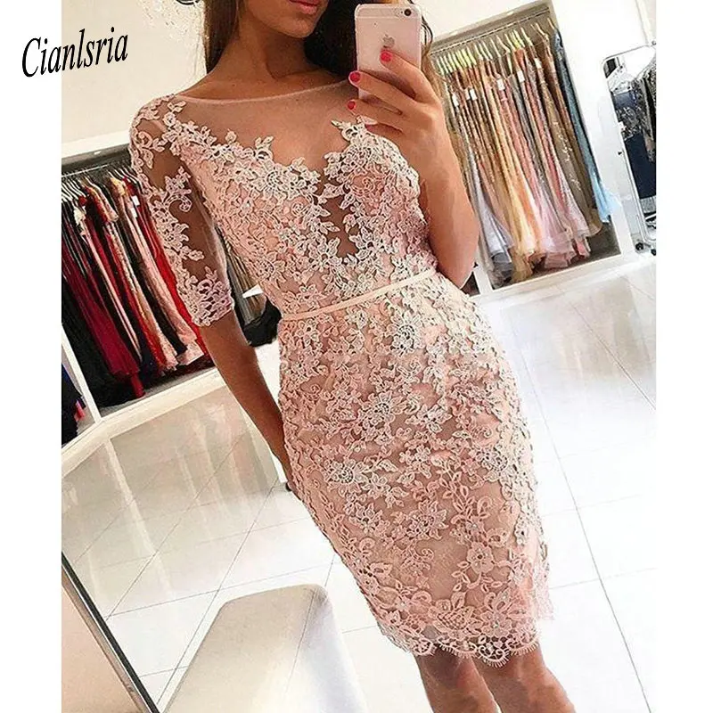 Elegant Boat Neck Half Sleeve Short Evening Dress With Sashes Appliques Lace Beading Formal Party Dresses robe de soiree | Свадьбы и