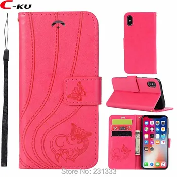 

C-ku For Iphone X 8 7 PLUS I7 6 6S SE 5 5S Strap Butterfly Wallet Leather Pouch Case Love Stand ID Card Cover Skin Luxury 100pcs