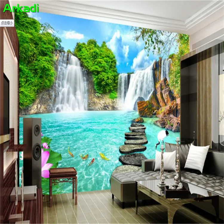 3D Landscape Waterfall TV Backgrounds Living Room Office Bedroom Sofa Backgrounds Wooden Bridge ...