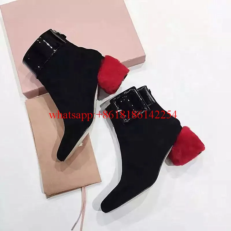 2016 Autumn and Winter Explosion Boots Suede Leather Boots Classic Side Buckle Shoes Red Square Heels Shoes in Women's Boots