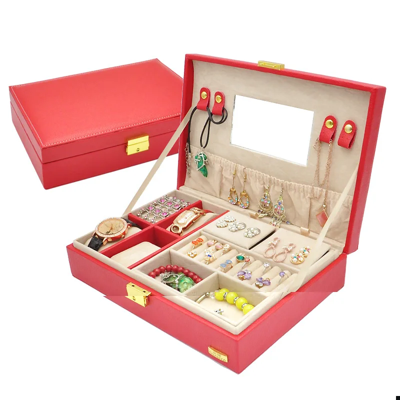 

Guanya Super fashion Korea European princess cowhide pattern leather jewelry storage box with lock jewelry case five colors