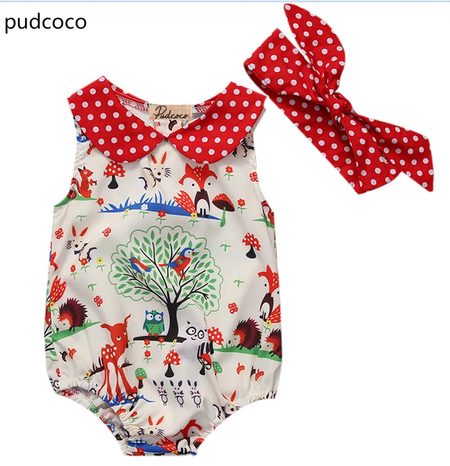 

US STOCK 2pcs Set Summer Newborn Infant Baby Girls Clothes Cartoon Sleevelss Romper Jumpsuit+Dot Headband Set Outfit