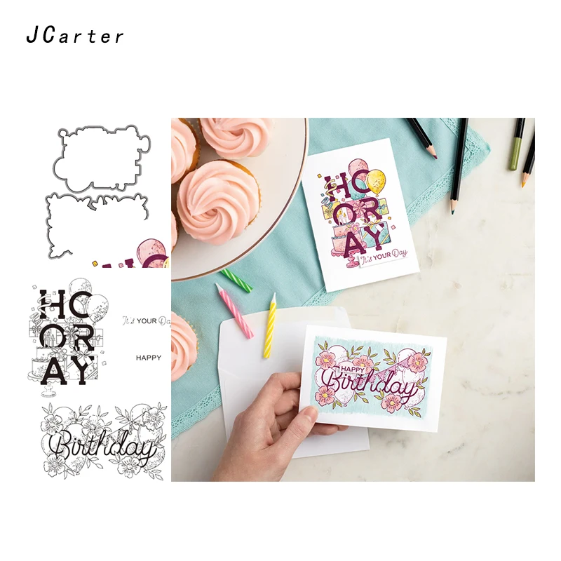 

JC Rubber Stamps and Metal Cutting Dies Scrapbooking Craft Hooray Birthday Die Cut Clear Stamp for Card Make Stencil Album Decor