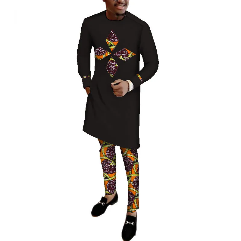 Осенняя мужская одежда в африканском стиле, большие размеры, Дашики, мужские рубашки и штаны из 2 предметов, хлопковая одежда с длинными рукавами и круглым вырезом, WYN513