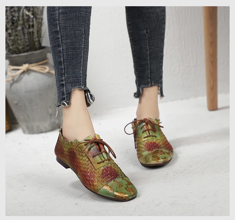 Woven Shoes Woman Latest Design Female Colorful Flat Shoes Hand-Painted Lace-Up Lady Casual Shoes Square Toe Footwear