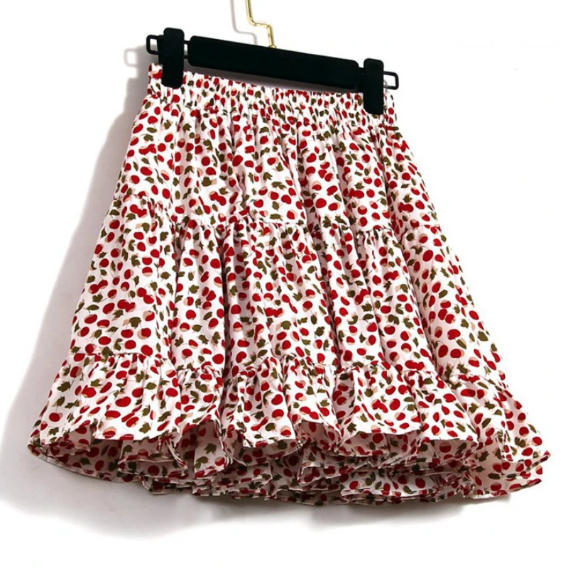Sweet Cherries Print Short Boho Skirts Cute Tomatos Printing Patchwork
