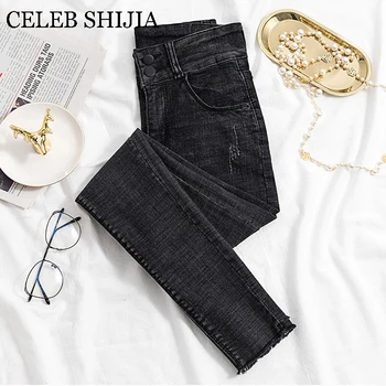 

New Arrive Black Skinny Jeans Woman High Waist Elastic Denim Pencil Pants Female Ankle-length