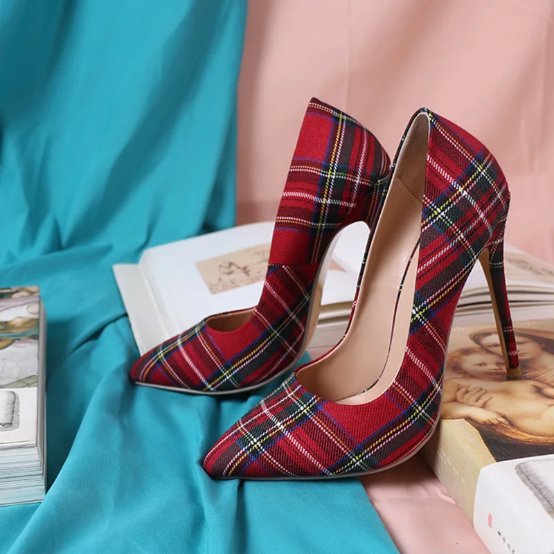 WETKISS Big Size 33-45 Stiletto Heels Women Pumps Red Pointed Plaid Shoes Women Shallow High Thin Heels 2019 Party Wedding Shoes