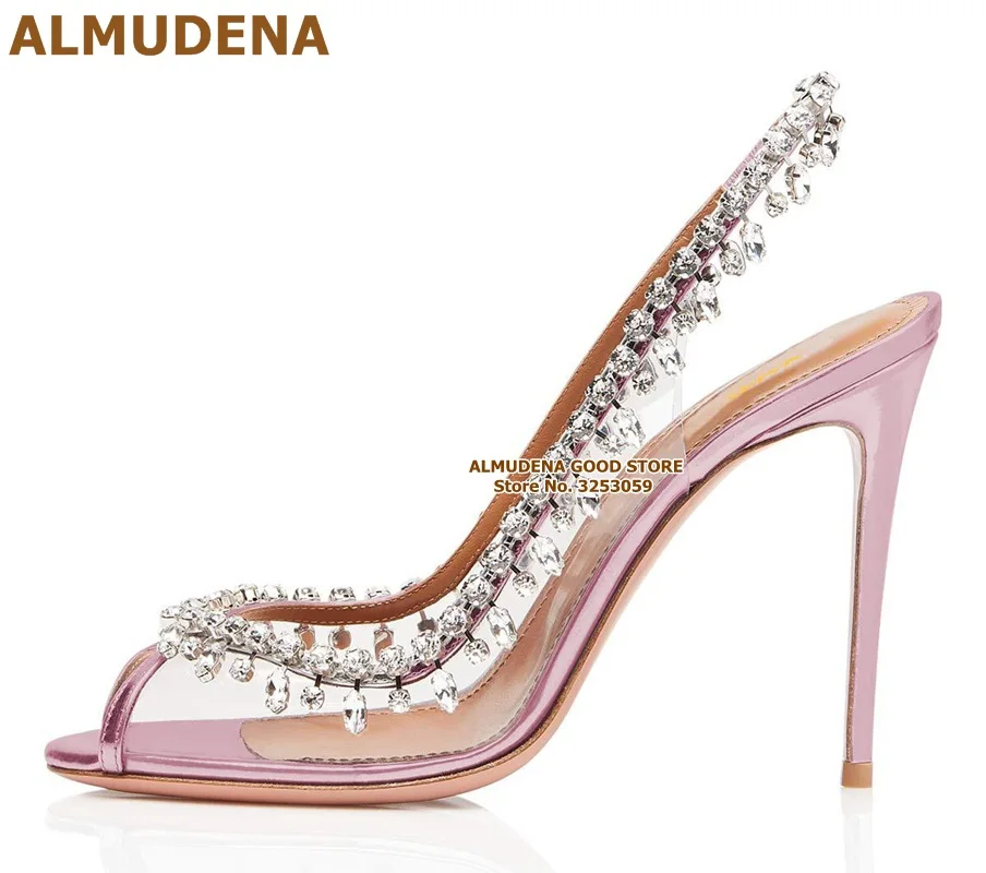 ALMUDENA Graceful Silver Clear PVC Crystal Wedding Shoes Open Toe Elastic Band Slingback Fringe Shoes Bling Bling Rhinestone