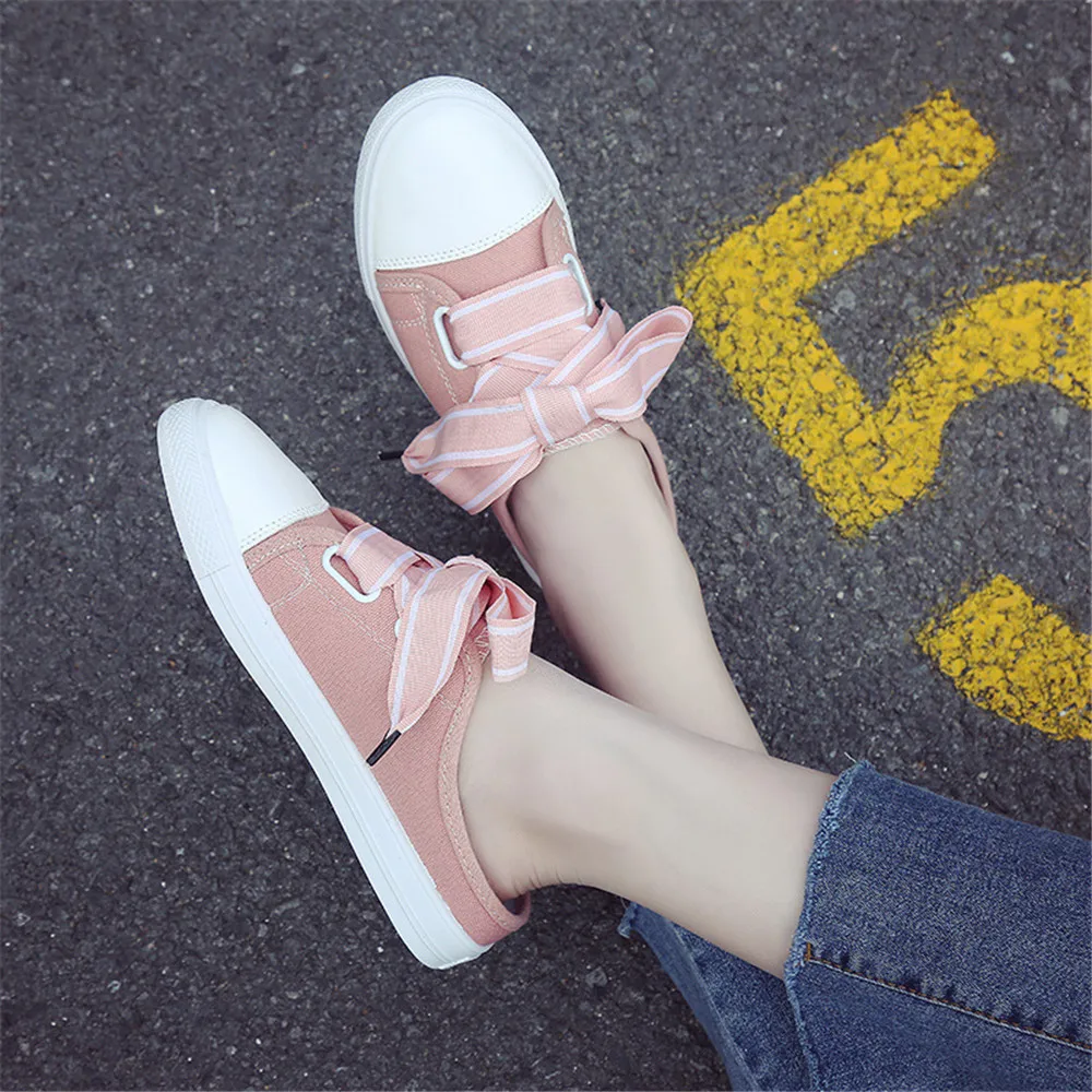

Women's Shoes 2019 New Half Slippers Black Lace-up Round Toe Canvas Shoes Without Heel Korean Shoes White Ladies Pedals Slip-on