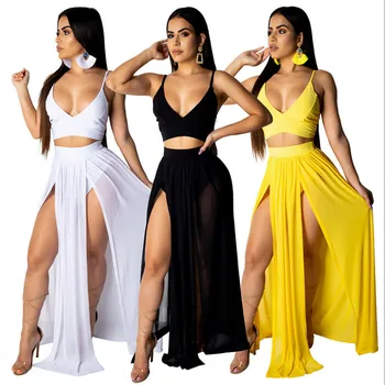 

Fashion New Beach Summer Sling V-neck Tops Long Chiffon Evening Formal Party Skirt Set Homecoming Prom Gowns Two Pieces