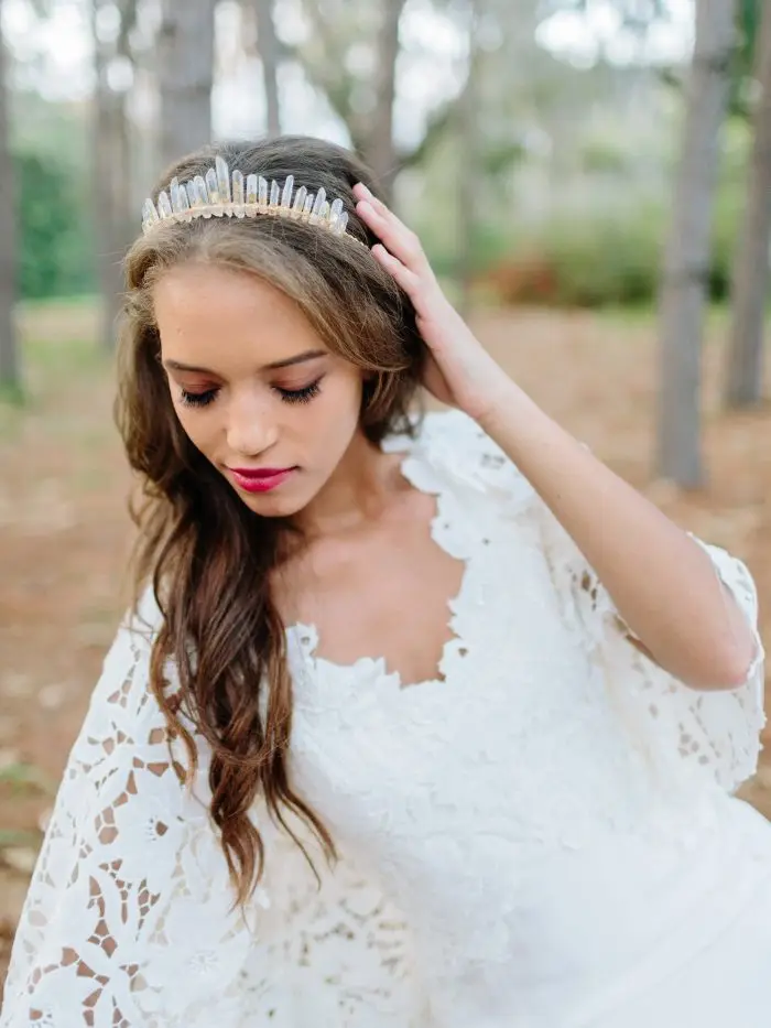 

2019 Spring Summer New Trends Forecast ICICLE Raw Quartz Leaf Sparkly Boho Wedding Tiara