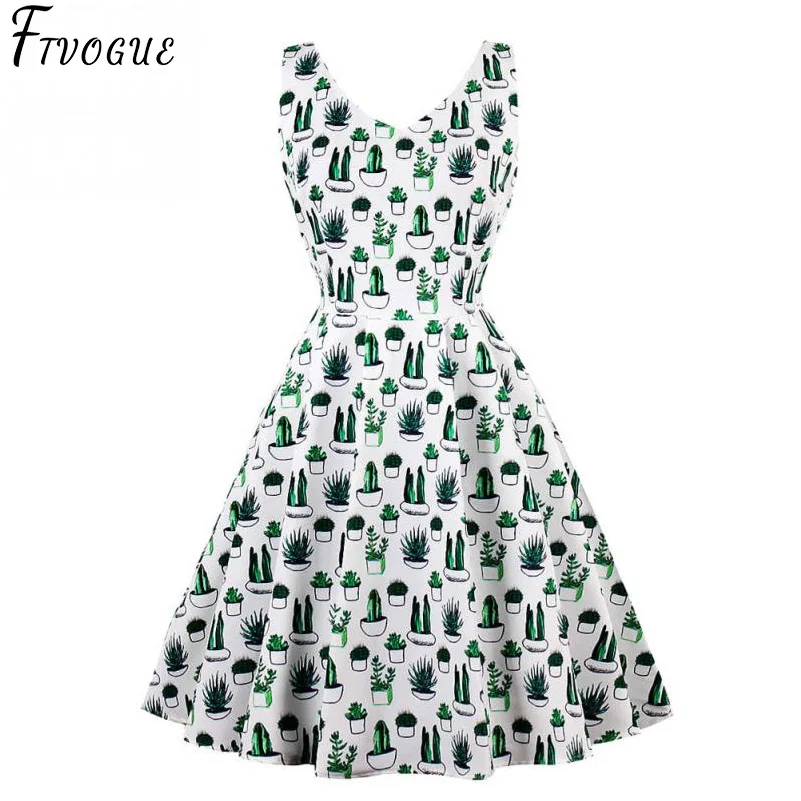 

Elegant Cactus Print Dress Women Vintage 50s 60s V Neck Plus Size 4XL Swing Rockabilly Pin Up Dress Retro Hepburn Robe Vestidos