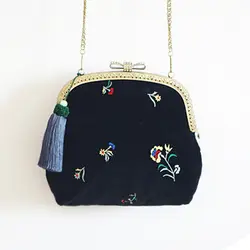 Винтаж черный бархатный мешок Вышивка цветок бархат Crossbody Сумочка Цветочный Винтаж женский, черный сумка с металлическим бантиком со