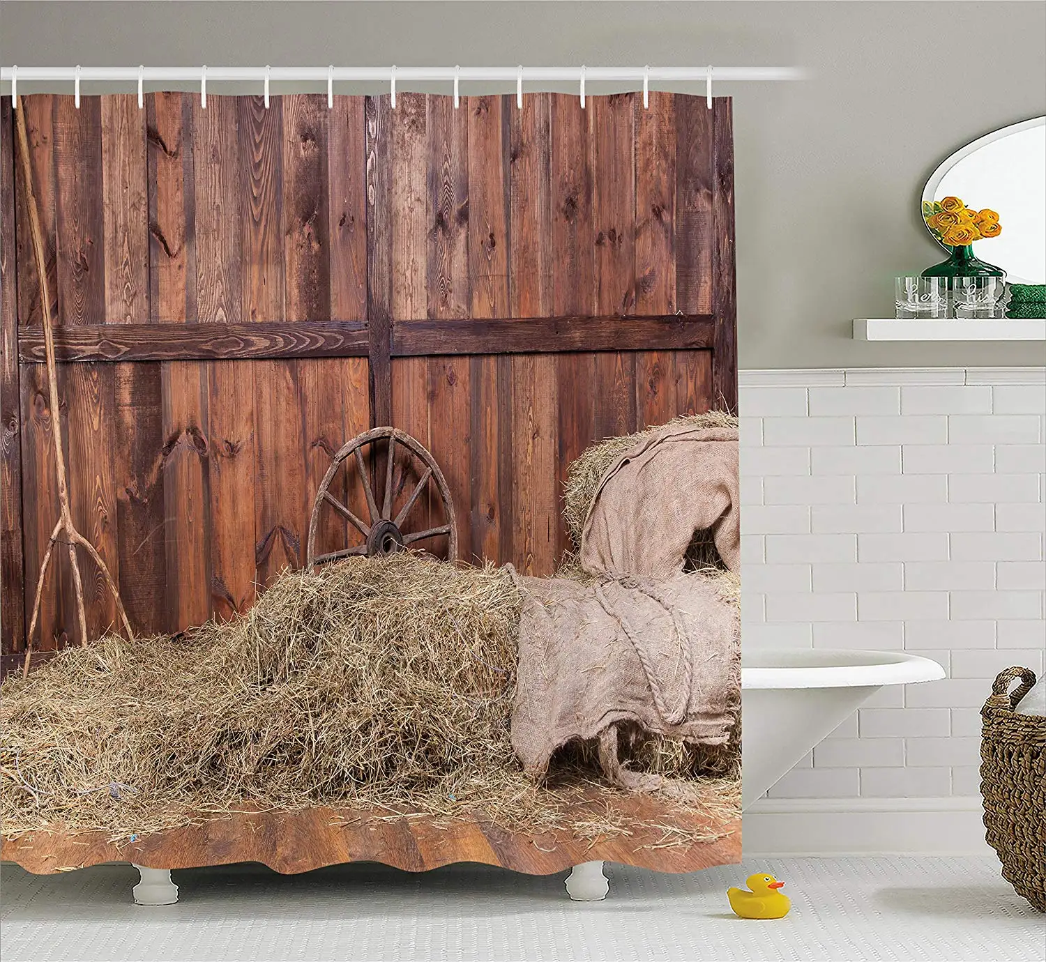 Us 14 56 42 Off Barn Wood Wagon Wheel Shower Curtain Rural Old Horse Stable Barn Interior Hay Wood Planks Image Print In Shower Curtains From Home