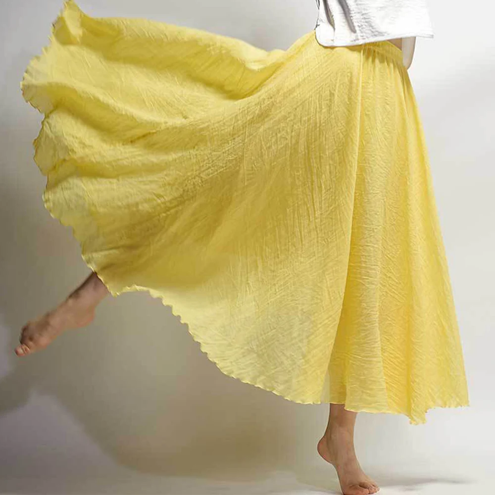 Faylisvow Женская хлопковая льняная юбка, летняя, Boho, плиссированная, эластичная талия, слои, длинные юбки, Mori Girl, винтажная, однотонная, Пляжная, макси юбка
